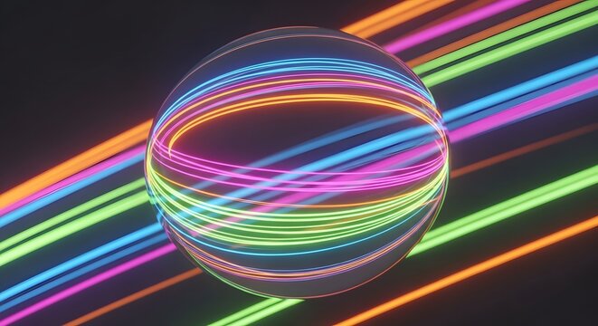 Neon light circles inside a transparent glass sphere. Quantum energy and future technology. Colorful glowing rings rotating within a crystal orb on a dark background