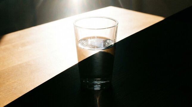 A simple glass of water on a table, perfectly split by a beam of light and a heavy shadow right at the water line. A visual representation of optimism vs. pessimism (glass half full/empty).