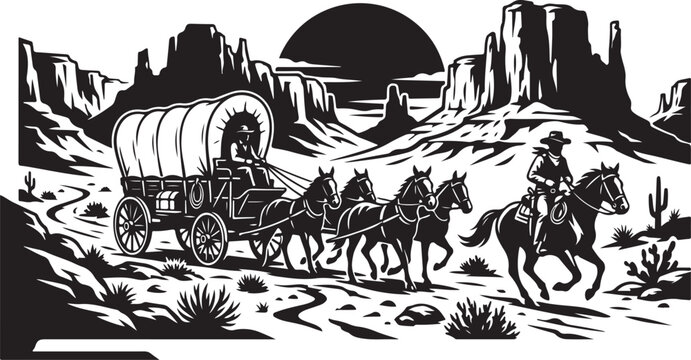 Western, black and white, cowboy, desert landscape, vector illustration, wagon, horses, desert, wild west