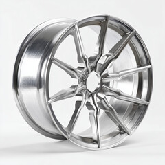 Fototapeta premium Modern forged aluminum car wheel rim with a multi-spoke design and polished silver finish, isolated on a clean white studio background, perfect for luxury automotive performance and tuning