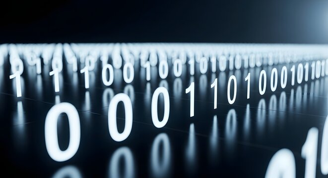 Glowing binary code numbers on dark floor. Big data and database storage concepts. Digital zeros and ones standing in rows with shallow depth of field