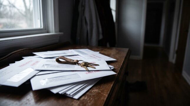 A stack of unopened, official-looking envelopes sitting next to a set of house keys. A subtle but universally understood symbol of debt, avoidance, and financial pressure.