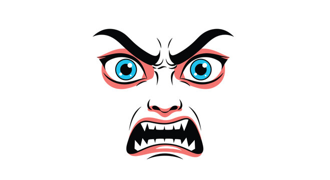 Intense angry face with furrowed brows, glowing blue eyes, and bared sharp teeth against a white background for emotion themes.