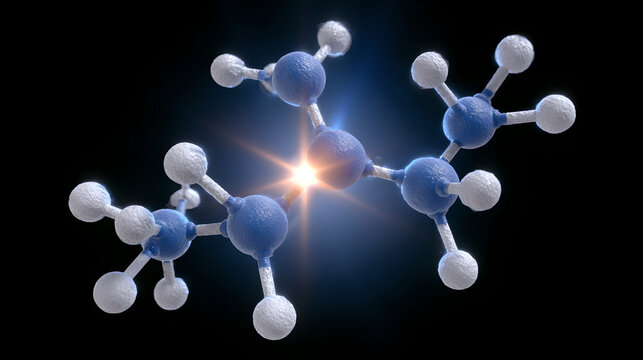 3D Visualization of Insulin Molecular Structure with Glowing Atoms and Chemical Bonds
