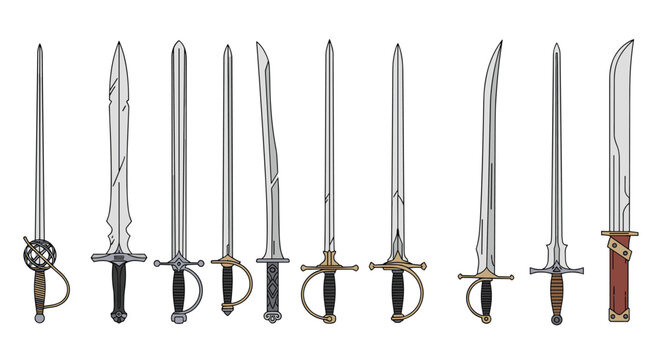 Collection of different historical and fantasy sword types with various blade shapes and hilt designs for combat and display.
