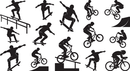Naklejka premium Bicycle tricks, bike stunts, cycling silhouettes, 16 black icons
