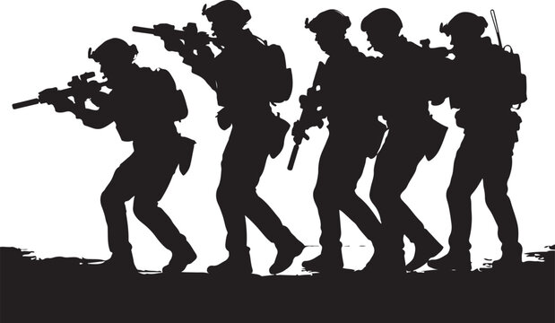 Military soldiers, army men, black silhouette, vector icons, combat troops