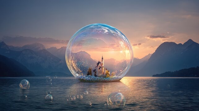 Fantasy castle inside a bubble on water at sunset