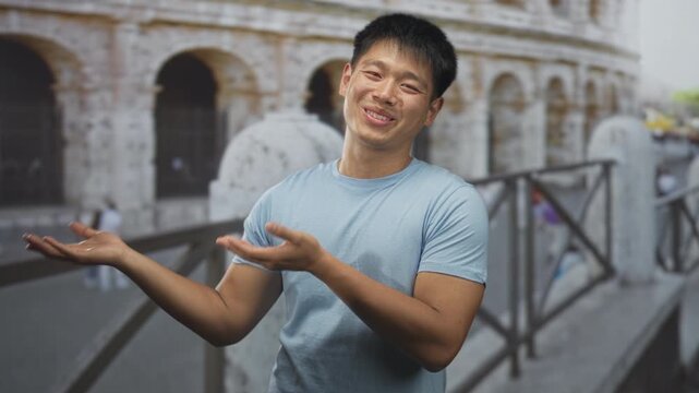 Man gesturing with open hands in front of historic building with colosseum arches, multiple frames show turning and smiling; joy travel sightseeing.
