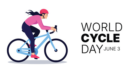 Fototapeta premium World Bicycle Day Illustration With Female Cyclist Riding Bike And Modern Typography Design For Healthy Lifestyle Awareness Campaign