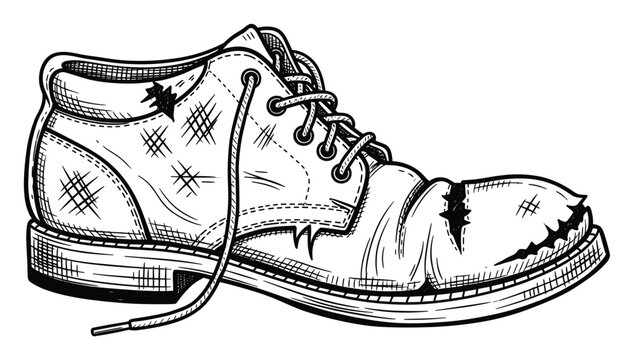 Black white worn out tattered shoe with loose shoelace representing poverty or resilience