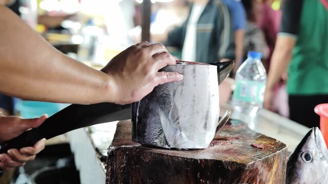Fresh tuna cut on wooden block at Old Public Market Puerto Princesa Palawan