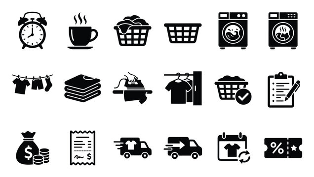 Laundry and dry cleaning service icons for business, home, and textile care solutions