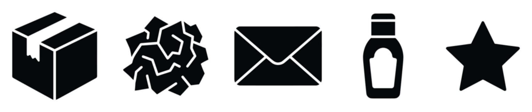 Black glyph icons box crumpled paper mail bottle star for modern user interface design