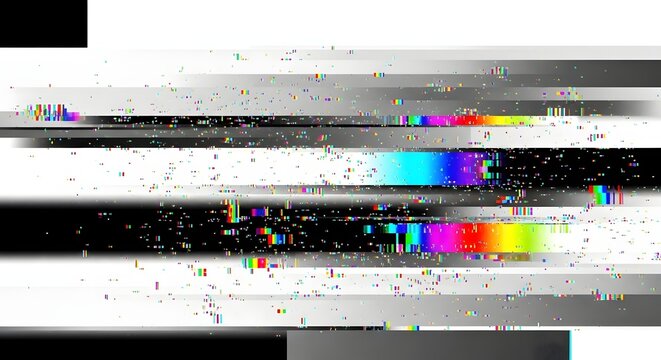 Digital glitch effect with colorful noise and horizontal bars. System error and data corruption concept. Pixelated distortion with rainbow spectrum on white background