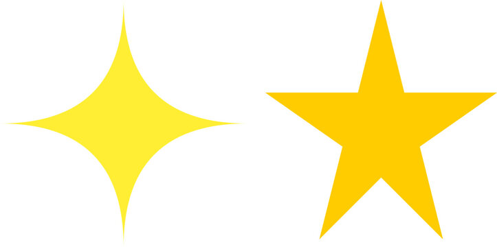 Simple yellow four pointed spark and five pointed star icons isolated on white background illustration