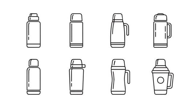 Set of Thermos Flasks Icons Different Designs Outline Style Isolated on White