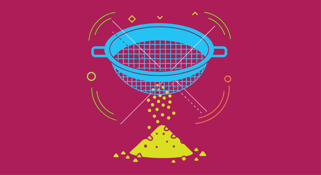 Vibrant graphic illustration of a blue kitchen sieve sifting yellow flour or grain onto a growing pile against a pink background.