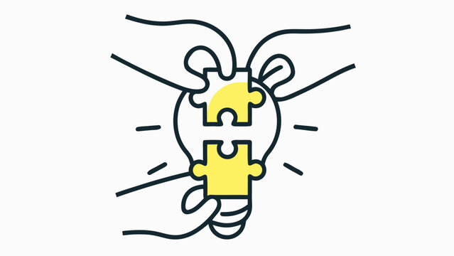Flat illustration of hands assembling a puzzle piece into a lightbulb symbolizing ideas and innovation