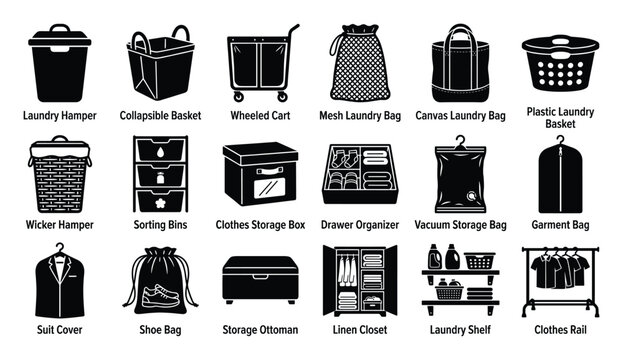 Essential laundry and clothes storage organization icons for home products and services applications
