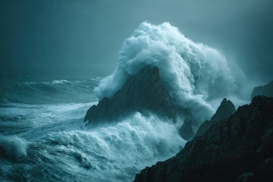 Dramatic Ocean Wave Crashing Against Rugged Cliffs