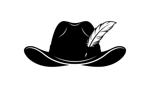 Black hat with white feather vector illustration in elegant minimalist style isolated on white background