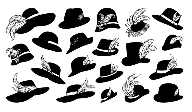 Black hat with white feather vector set in creative layout for elegant fashion and vintage themed design