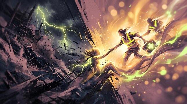 Three firefighters battling intense flames and lightning in a dark, destroyed cityscape at night