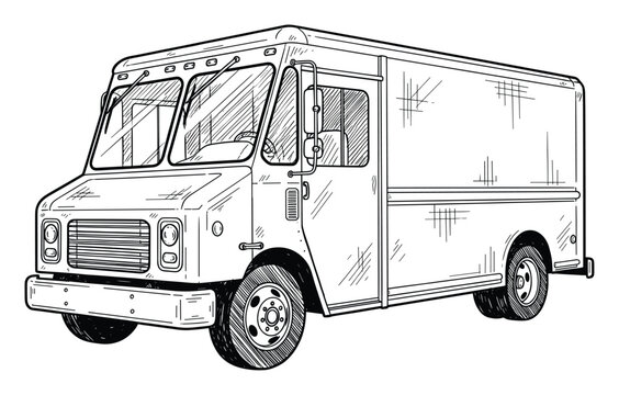Detailed line drawing of a classic delivery truck, perfect for transportation and logistics themes