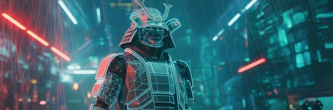 Cyberpunk samurai warrior with glowing digital wireframe armor in rain