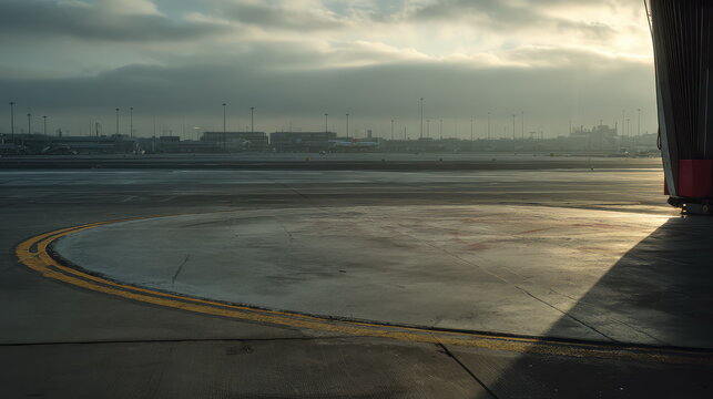 Airport tarmac with jet bridge and moody sky