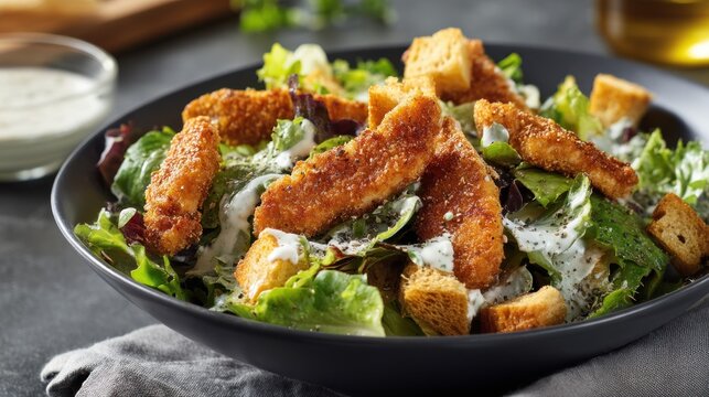 Close up of a caesar salad with chicken and croutons