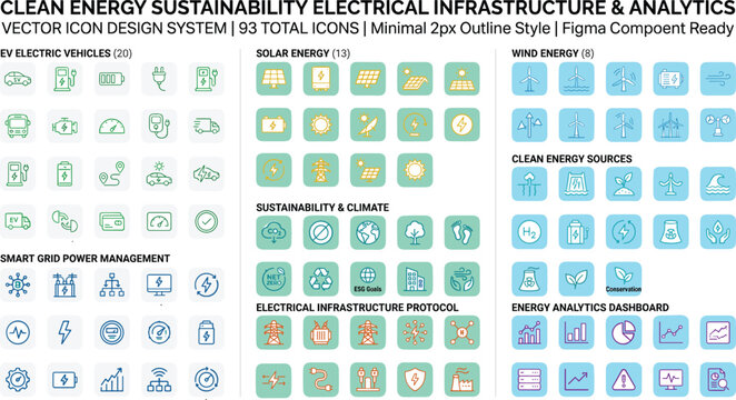 Clean Energy Sustainability Icon Design System with EV, Solar, Wind, Smart Grid, Electrical Infrastructure, and Analytics Symbols for Design