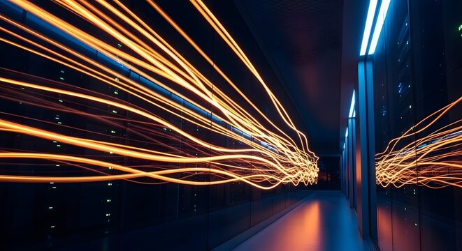 High speed data transfer in a modern server room. Cloud computing and network infrastructure. Glowing orange light streaks moving through a dark corridor of data center cabinets.