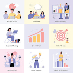 Fototapeta premium Flat business icon set with people, money, communication, and work symbols for web and mobile design