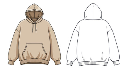Beige Oversized Hoodie Mockup Front and Back Flat Sketch © hana