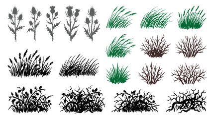Fototapeta premium Diverse Plant Silhouette Collection A Vector Set of Grass, Thistles, Reeds, Bushes, and Bare Branches for Nature-Inspired Designs and Creative Projects