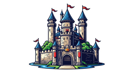 Fantasy Castle Illustration - Medieval Fortress with Towers and Flags © hana
