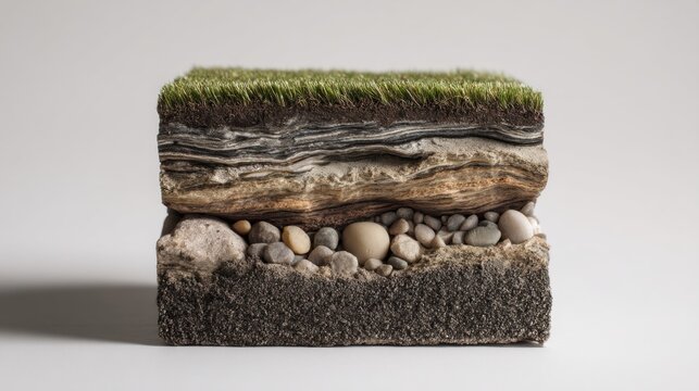 Soil layers cross section with grass and rocks