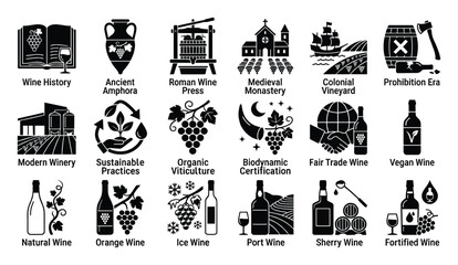 Obraz premium Wine production, history, and diverse type icons illustrating industry evolution and varieties