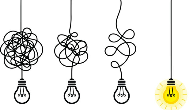 Minimalist light bulb concept vector, tangled wire unraveling into creative idea, business problem solving and simplification process illustration