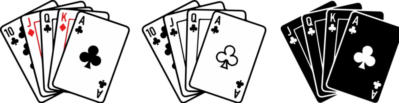 Playing cards royal flush vector set, poker hand with ace of clubs and king of diamonds, gambling icons for casino gaming and betting apps