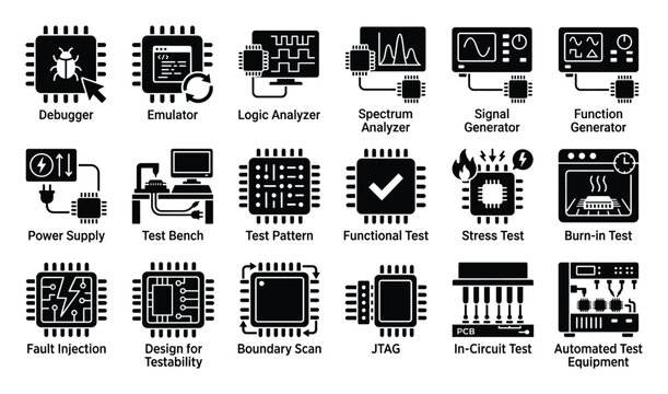 Comprehensive set of electronic chip development, testing, and debugging process icons for engineering projects