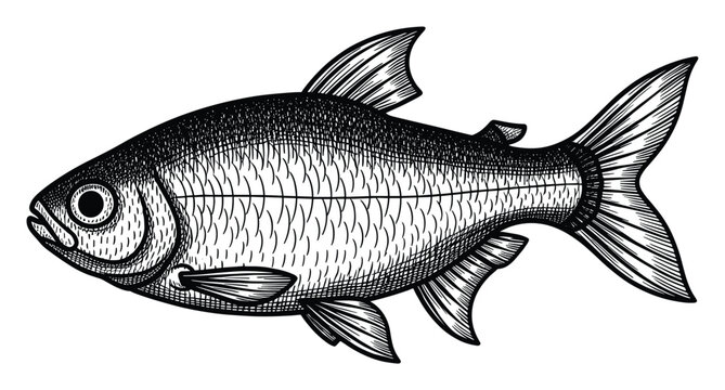 Engraved fish drawing for nautical themed designs and educational material applications
