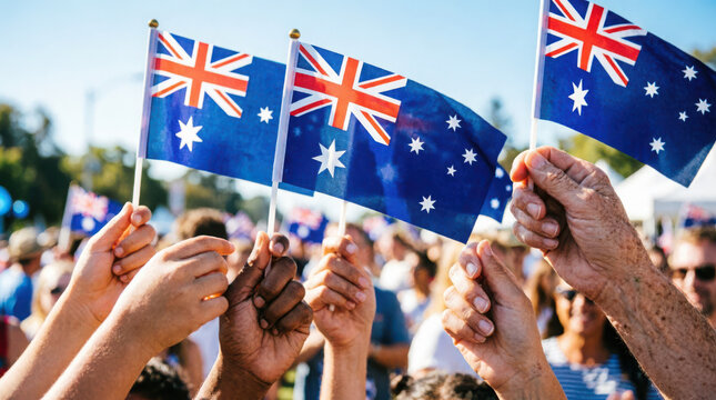 People holding australian flags in a crowd on a sunny day celebrating