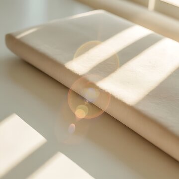 Close-up perspective of a smooth, light-colored wooden surface with distinct parallel lines of sunlight casting strong shadows across it, accompanied by soft, circular lens flares in warm orange
