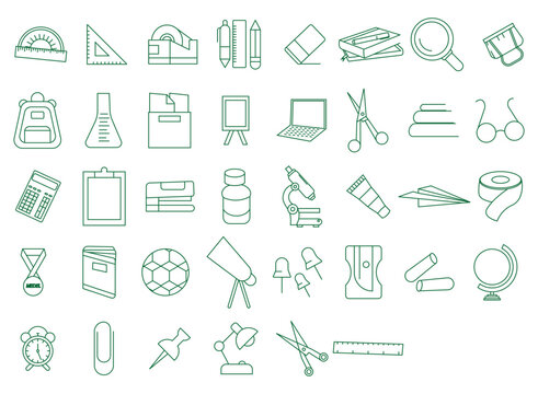School stationary icon set. school, education, stationary, icon, office, art, study, learning, student, bag, tool, drawing, pouch, zip, architect, design, creative, measurement, sketching, supply, boo
