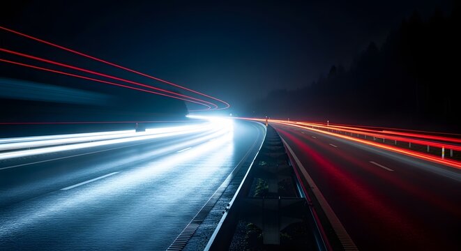 Long exposure of high speed highway at night. Transportation logistics and smart city infrastructure. Red and white light trails of cars moving on a wet curved road