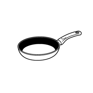 Hand drawn illustration of a frying pan with teflon coating, metal kitchen utensils for cooking.