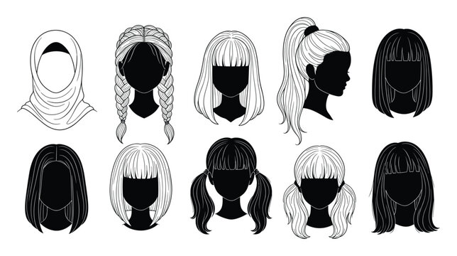 Diverse hairstyles and head covering options for female profiles, avatars, and application interfaces
